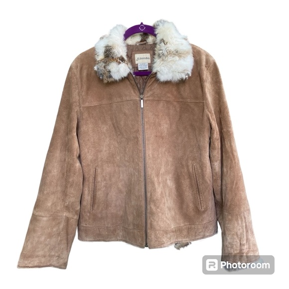 St. John’s Bay Vintage Rabbit Fur Trim Leather Jacket - Picture 1 of 11